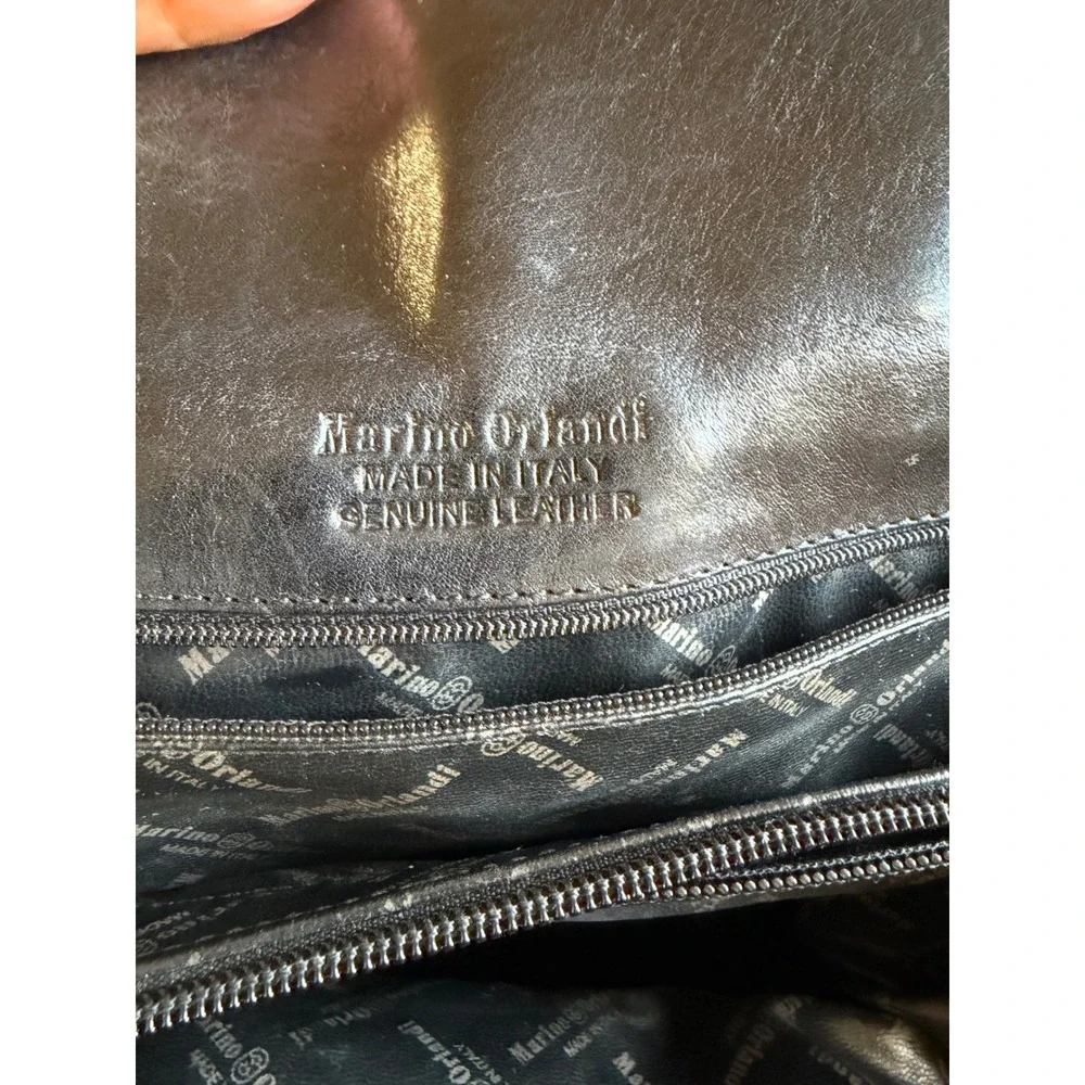 MARINO ORLANDI Satchel Black Leather Embossed Logo Gold Hardware Purse Bag Large